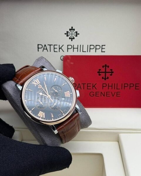 Patek Philippie chronograph watch featuring a sleek leather strap and polished case