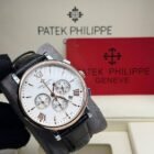 Patek Philippe chronograph watch with black leather strap and silver case