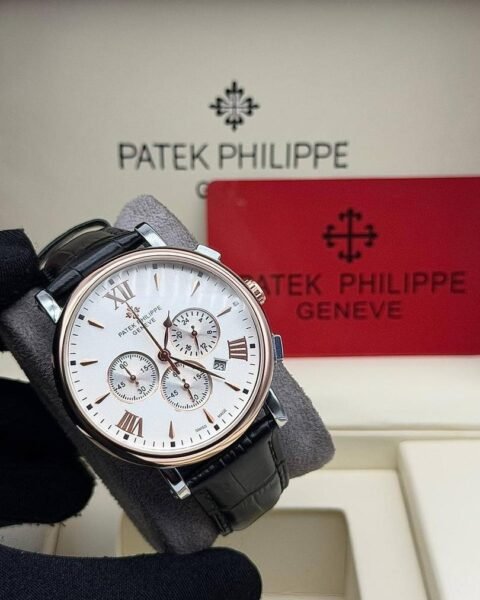 Patek Philippe chronograph watch with black leather strap and silver case