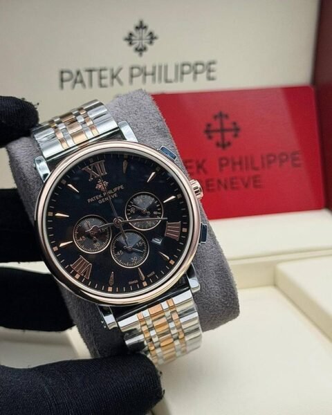 Patek Philippie chronograph watch with elegant chain strap, featuring silver case and black dial