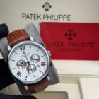 Patek Philippie chronograph watch with polished stainless steel case and black leather strap, featuring silver sub-dials.