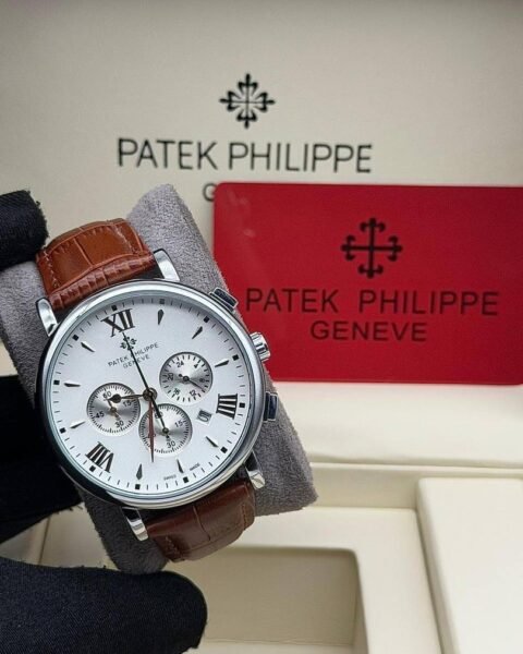 Patek Philippie chronograph watch with polished stainless steel case and black leather strap, featuring silver sub-dials.
