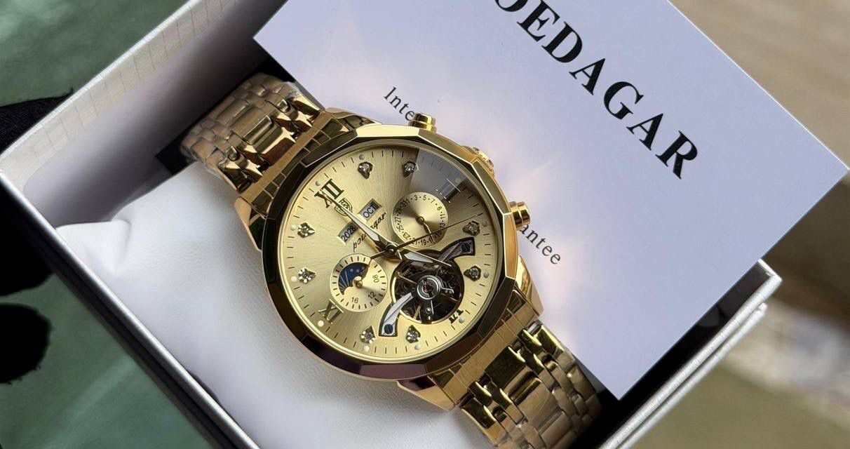 Poedagar Automatic Chain Watch featuring a stainless steel chain strap, sapphire glass face, and water-resistant case