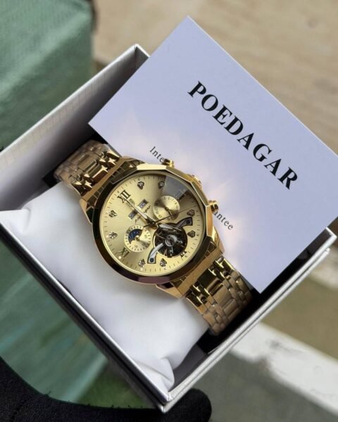Poedagar Automatic Chain Watch featuring a stainless steel chain strap, sapphire glass face, and water-resistant case