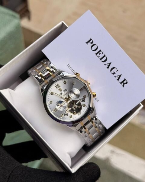 Poedagar automatic chain watch featuring stainless steel case, sapphire glass, water‑resistant design, and chain bracelet.