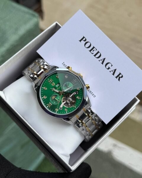 Poedagar Automatic Chain Watch with stainless steel chain, sapphire glass, and water-resistant case