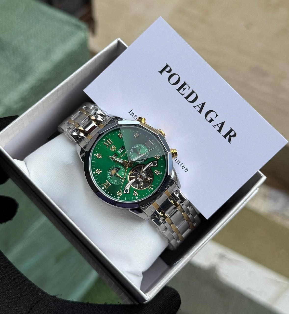 Poedagar Automatic Chain Watch with stainless steel chain, sapphire glass, and water-resistant case