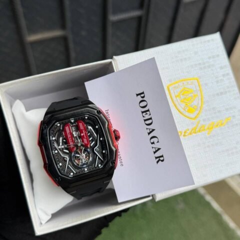 Poedagar automatic silicone watch featuring a stainless steel case, black dial, and durable silicone strap.
