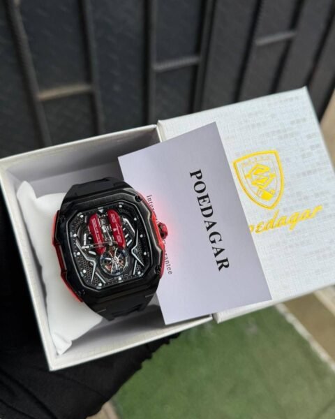Poedagar automatic silicone watch featuring a stainless steel case, black dial, and durable silicone strap.