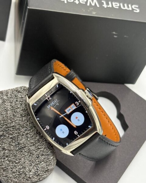 Black Dafit Franck Muller smartwatch with leather strap, showing a customizable watch face.