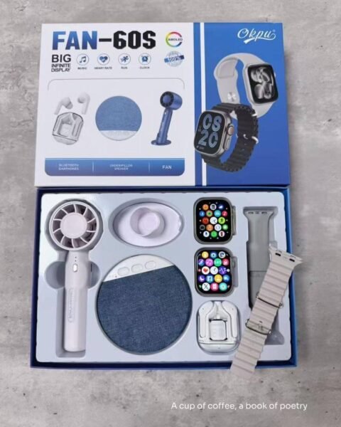 Grey Smartwatch Fan-60s combining dual watch faces, built‑in earphone, speaker and portable fan.