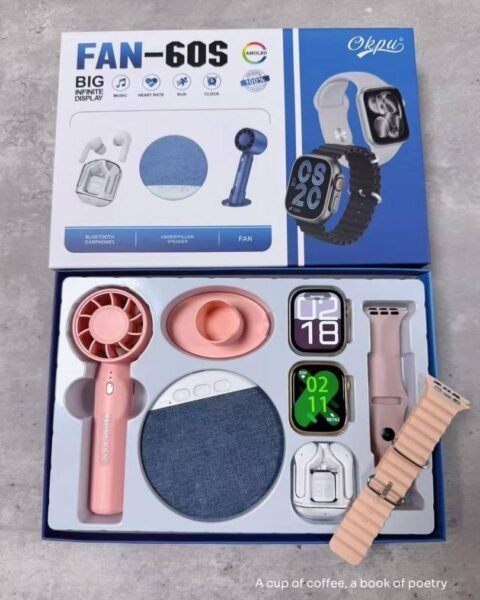 Peach Smartwatch Fan-60s combining dual watch displays, built-in earphone, speaker and personal cooling fan