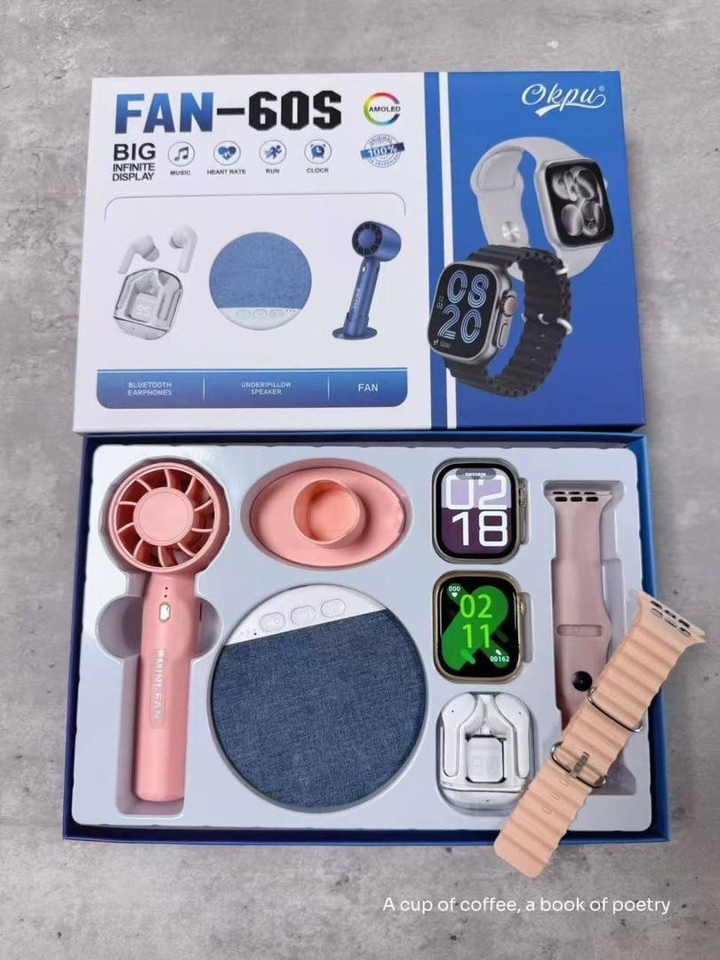 Peach Smartwatch Fan-60s combining dual watch displays, built-in earphone, speaker and personal cooling fan