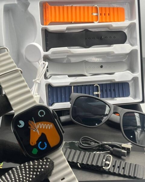 Smartwatch with smart sunglasses, interchangeable straps, USB‑C charging, built‑in speakers, and health‑tracking display.