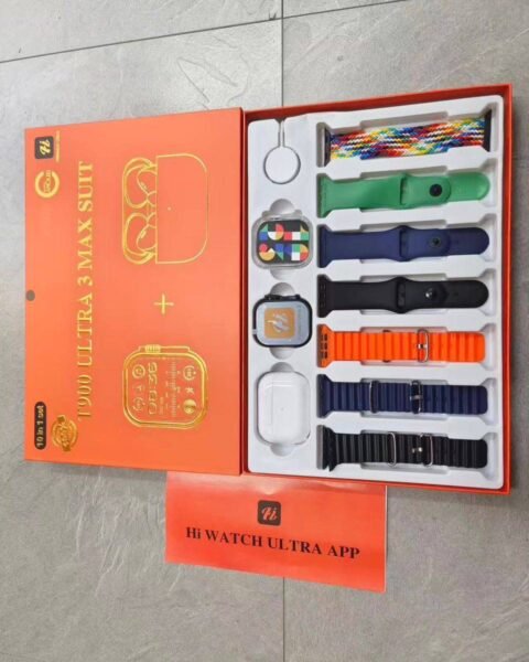 SMARTWATCH T900 ULTRA 3 displayed with six interchangeable straps and a single earbud